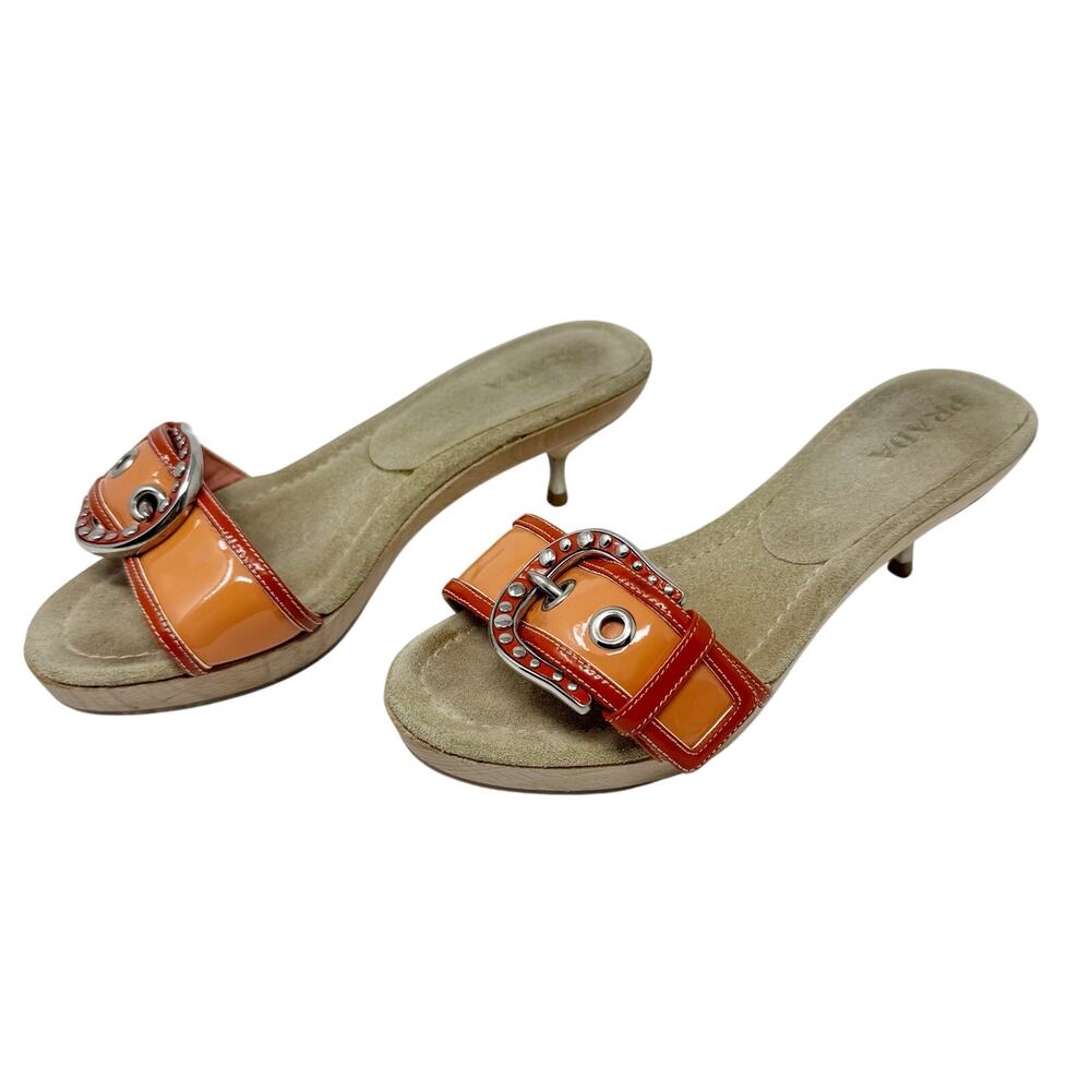 Prada Vintage Wood Platform Kitten Mule Orange Patent Buckle Studded EU 37 Y2K - Picture 5 of 8